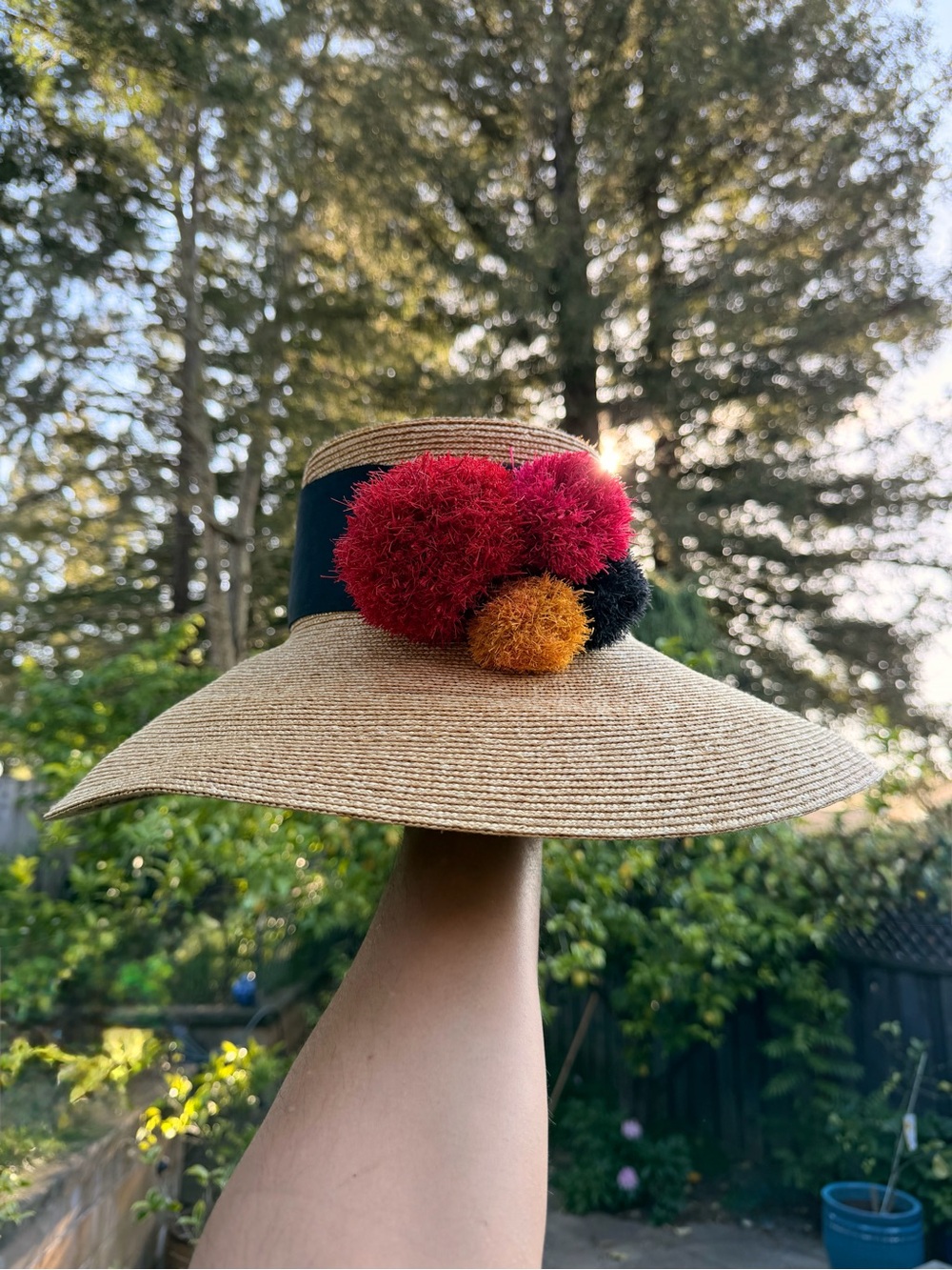 NWOT - EUGENIA KIM Straw Sun Hat with Red and Orange Pom-Pom Accent